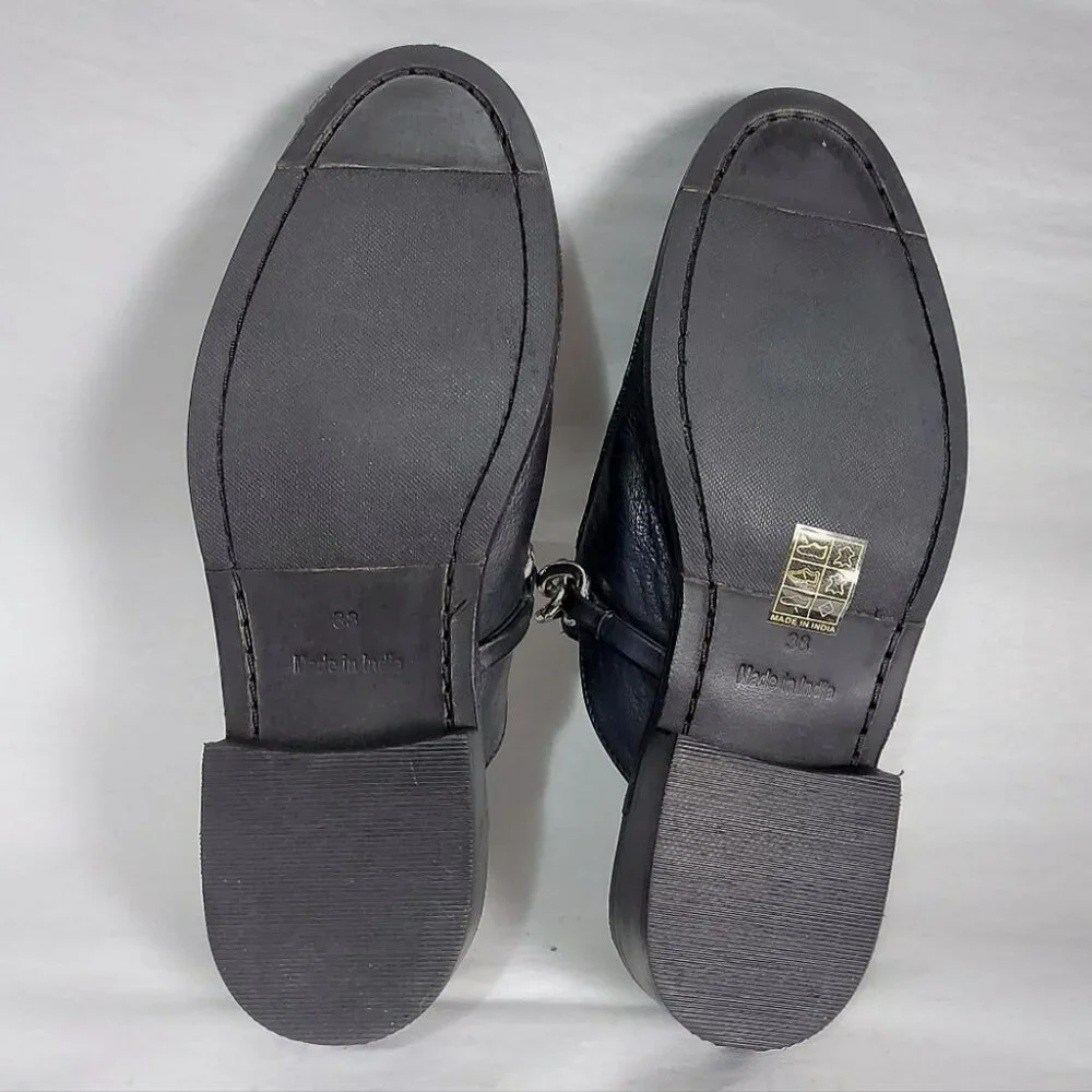 Free People Preppy Silver Link Chain Vida Mules Size 38 EU Black Leather Slip-On
